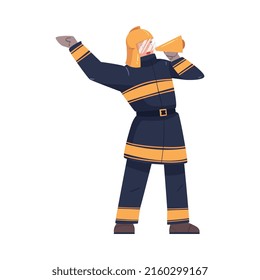 Man Firefighter Character Standing with Megaphone Warning About Emergency or Danger Vector Illustration