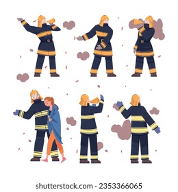 Man Firefighter Character Standing with Megaphone Warning About Emergency or Danger Vector Illustration Set