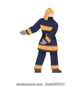 Man Firefighter Character Standing and Warning About Emergency or Danger Vector Illustration