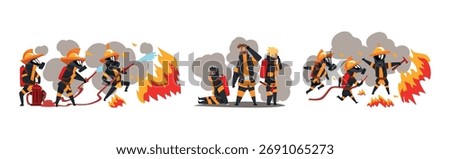Man Firefighter Character in Uniform with Firefighting Equipment Vector Set