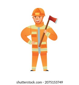 Man firefighter character in unifrom and helmet cartoon vector illustration