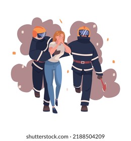 Man Firefighter Leading Woman from Fire and Smoke as Rescue and Life Saving Emergency Operation Vector Illustration