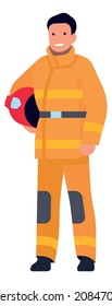 Man in firefighter uniform holding yellow helmet. Fireman icon