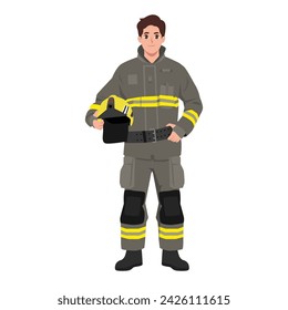 Man firefighter in uniform portrait. Happy fireman helmet in hands. Flat vector illustration isolated on white background