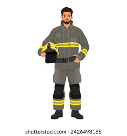 Man firefighter in uniform portrait. Happy fireman helmet in hands. Flat vector illustration isolated on white background