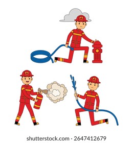 Personagem de Man Firegfighter Profesion Vetor Ilustração. Caracteres de bombeiro de uniforme, bombeiros com equipamento de combate a incêndios. Serviço de emergência com profissionais.
