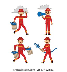 Personagem de Man Firegfighter Profesion Vetor Ilustração. Caracteres de bombeiro de uniforme, bombeiros com equipamento de combate a incêndios. Serviço de emergência com profissionais.