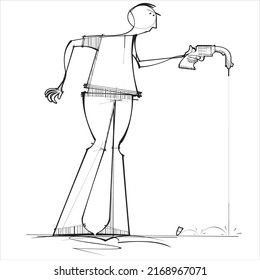 A man fires a gun and it goes rather droopy