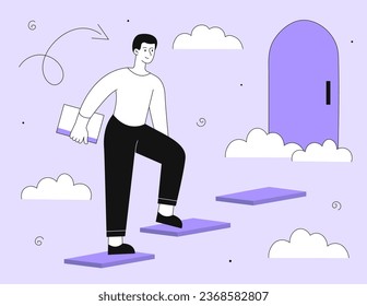 Hombre con el concepto de primera línea. Joven con un documento a su puerta. Motivación, liderazgo y éxito. Empresario o inversor trabajador. Ilustración lineal vectorial