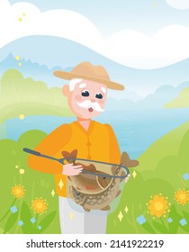 Man with fish cute cartoon illustration for children. Fishing on the lake, hand drawn vector illustration, fisherman grandfather