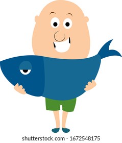 Man with fish, illustration, vector on white background.