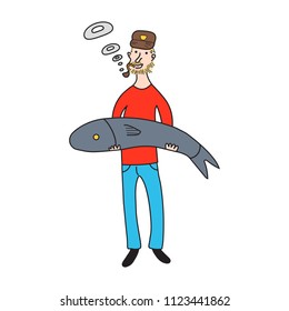 Man with a fish. Vector illustration.