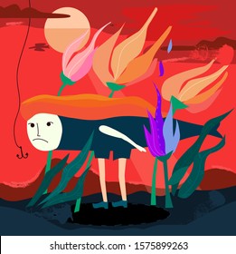 man fish walks through the meadow