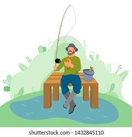 Man fisher sitting on pier with fishing rod and basket with just caught fish. Vector lake or pond, fishery concept illustration. Bearded guy in hat with catch