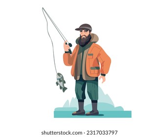 
Man fisherman with a fish on a rod, fishing sport. Flat vector illustration