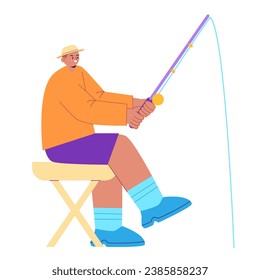 Man fisherman fishing holding rod stick while sitting flat colorful illustration