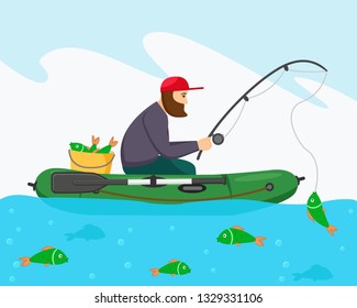 Man fisherman on an inflatable boat fishing.