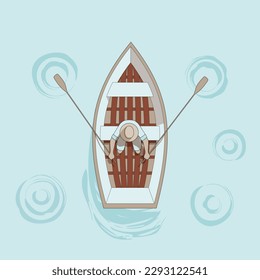 The man fisherman in a wooden boat on water, view from above. Vector eps10