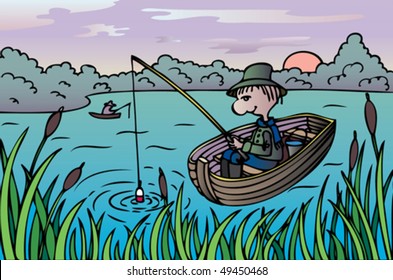 The man fishes on the boat on the lake.It`s the morning.It`s sunrise.