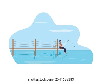 Man fishing alone in the sea, waiting for fish. Character design. Vector flat illustration