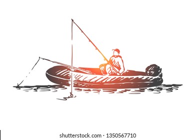 Man, fishing, boat, lake, activity concept. Hand drawn fisherman on a boat concept sketch. Isolated vector illustration.