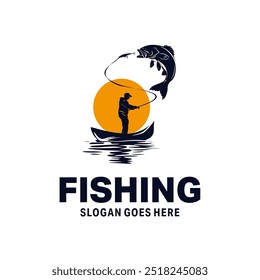 a man fishing in a boat logo design. Vintage fishing logo design