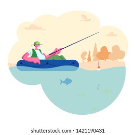 Man Fishing in Boat on Calm Lake or River at Summer Day. Relaxing Summertime Hobby, Fishman Sitting with Rod Having Good Catch. Vacation Spending Time, Leisure, Relax Cartoon Flat Vector Illustration
