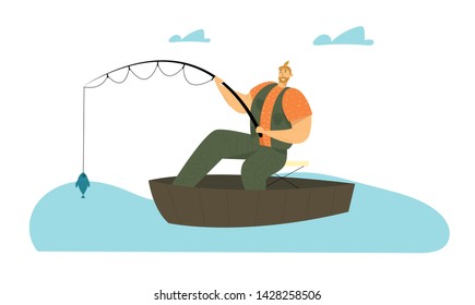 Man Fishing in Boat on Calm Lake or River at Summer Day. Relaxing Summertime Hobby, Fisherman Sitting with Rod Having Good Catch. Vacation Spending Time, Leisure Relax Cartoon Flat Vector Illustration