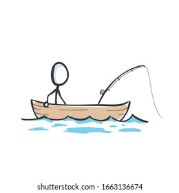 Man fishing in the boat on lake. Sea fishing rod. Hand drawn. Stickman cartoon. Doodle sketch, Vector graphic illustration