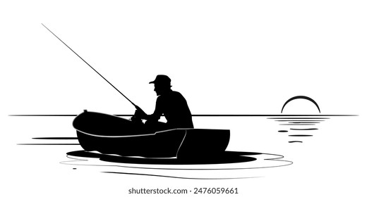 Hombre pescando desde un barco, siluetas. Ilustración vectorial	