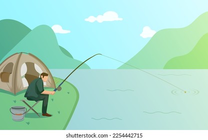 Man Fishing and Camping among Mountain and Lake Scenery