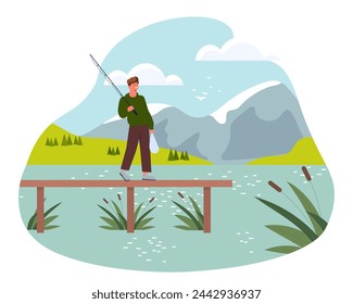 Man with fishing concept. Young guy with fishing rod at lake or river. Leisure outdoors. Character at wooden bridge catch fish. Cartoon flat vector illustration isolated on white background