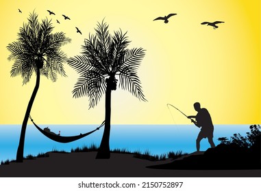 man fishing and a man enjoying a siesta with a glass of wine laying in a hammock