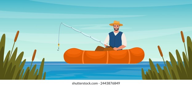 Man fishing. Fisherman at lake or river. Man in vest and hat. Guy waiting for catch a fish. Outdoor recreation, leisure time. Vector illustration
