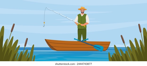Man fishing. Fisherman at lake or river. Man in vest and hat. Guy waiting for catch a fish. Outdoor recreation, leisure time. Vector illustration