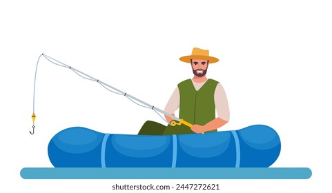 Man fishing. Fisherman at lake or river. Man in vest and hat. Guy waiting for catch a fish. Outdoor recreation, leisure time. Vector illustration