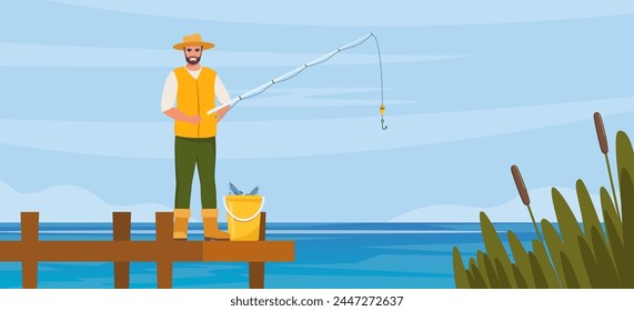 Man fishing. Fisherman at lake or river. Man in vest and hat. Guy waiting for catch a fish. Outdoor recreation, leisure time. Vector illustration