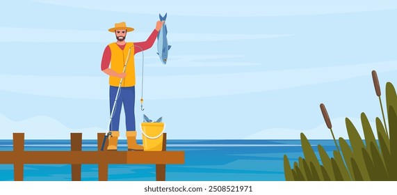 Man fishing. Fisherman at lake or river. Man in vest and hat. Guy catching a fish. Outdoor recreation, leisure time. Vector illustration