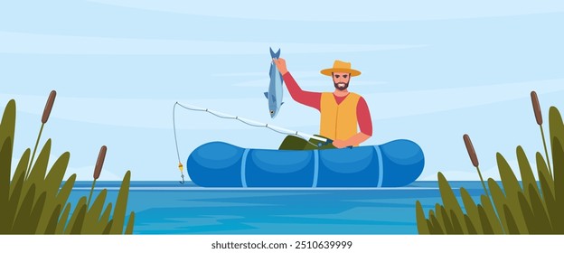 Homem pescando. Pescador no lago ou rio. Homem de colete e chapéu. Um cara num barco de borracha pegando um peixe. Recreação ao ar livre, lazer. Ilustração vetorial