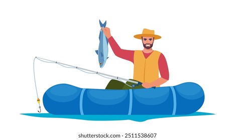 Man fishing. Fisherman at lake or river. Man in vest and hat. Guy in rubber boat catching a fish. Outdoor recreation, leisure time. Vector illustration