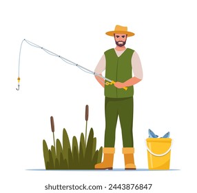 Man fishing. Fisherman with fishing rod, fish in bucket. Man in vest and hat. Guy waiting for catch a fish. Outdoor recreation, leisure time. Vector illustration