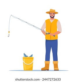 Man fishing. Fisherman with fishing rod, fish in bucket. Man in vest and hat. Guy waiting for catch a fish. Outdoor recreation, leisure time. Vector illustration
