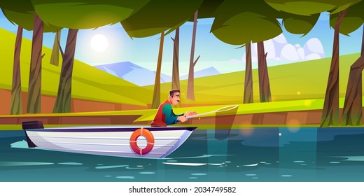Man fishing in forest lake with scoop net. Vector cartoon illustration of fisherman in white boat floating on water. Summer landscape of woods with trees, green grass, pond and mountains on horizon