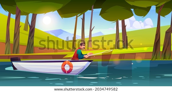 Man fishing in forest lake with scoop net. Vector\
cartoon illustration of fisherman in white boat floating on water.\
Summer landscape of woods with trees, green grass, pond and\
mountains on horizon