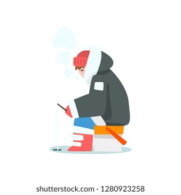 Man fishing in a frozen lake or river in winter clothing, extremal ice winter fishing vector Illustration