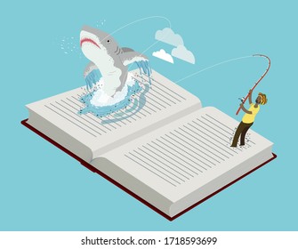 Man fishing Great white shark out of open book, Reading inspirational concept, Power of reading and learning. Flat color illustration