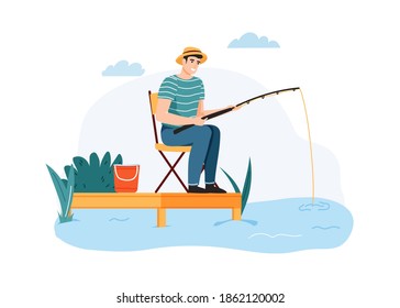 Hombre pescando. Hombre sentado en una silla con barra de pesca esperando pescado, pasatiempo de verano al aire libre. Carácter masculino descansando cerca del río o del lago. Ilustración vectorial de la actividad de ocio