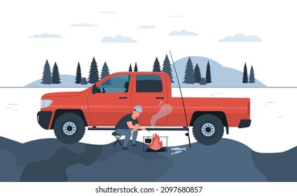 Man fishing with his pickup truck. Vector illustration.