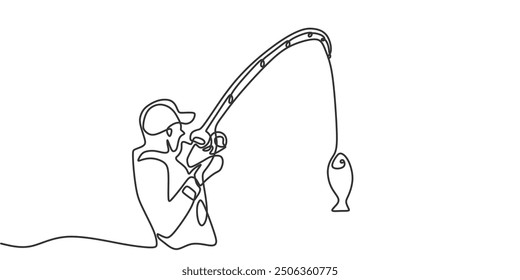 Man fishing as a hobby, continuous single line art, vector on white background.