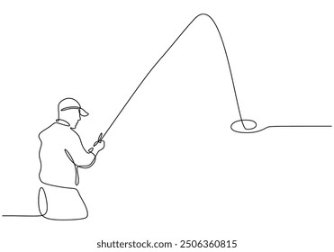 Man fishing as a hobby, continuous single line art, vector isolated on white.